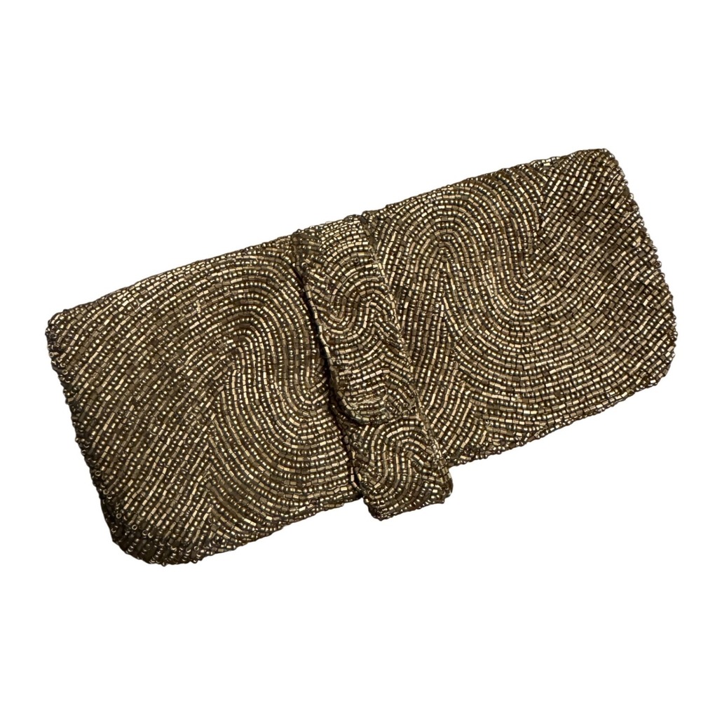 Moyna Handbeaded Gold Bronze Swirl Pattern Foldover Evening Clutch Bag